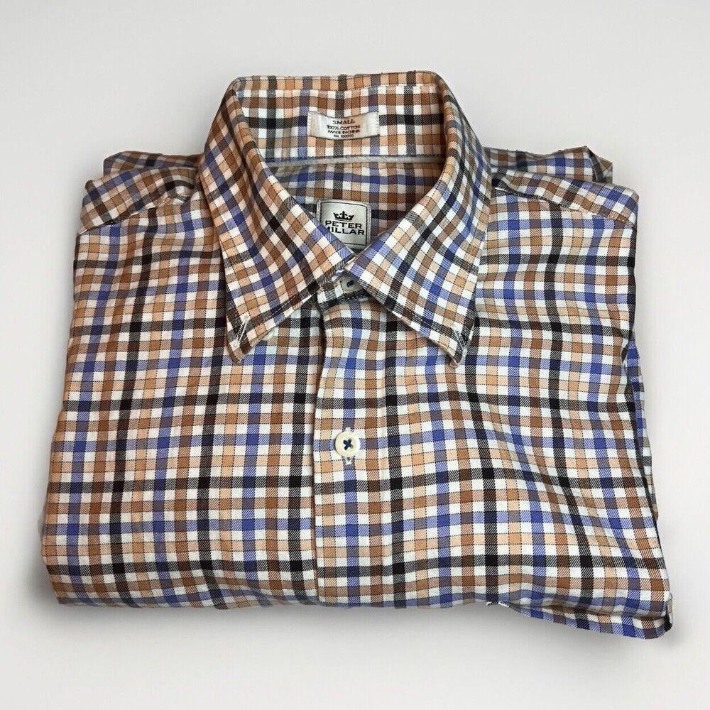Peter‎ Millar Men's Cotton Blue Brown Plaid Long Sleeve Button Down Shirt Small